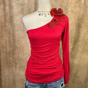 One Shoulder Ruched Top Flamenco Floral Ruffled Red Long Sleeve Vintage Y2K